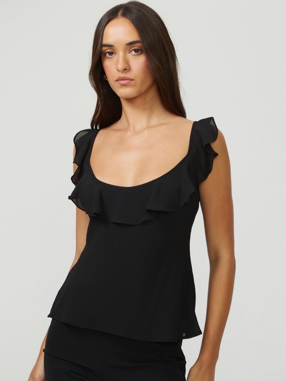 Black Ruffle Scoop Neck Women's Top